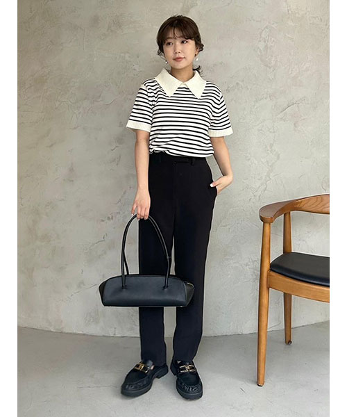 新品　ミラオーウェン　2wayハーフスリーブポロニット　ボーダー Mila Owen｜2WAYハーフスリーブポロニット【ウォッシャブル