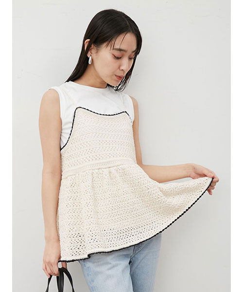 ウォッシャブル】クロシェニットキャミ×ノースリトップス｜Mila