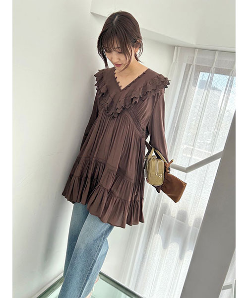 snidel コットンライクラッフルカラーチュニックSWFB251065 コットンライクラッフルカラーチュニック(シャツ・ブラウス