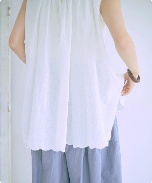 スカラップ刺繍 ノースリーブ コットンボイルドレス スカラップ刺繍コットンリネンボイル ノースリーブプルオーバー